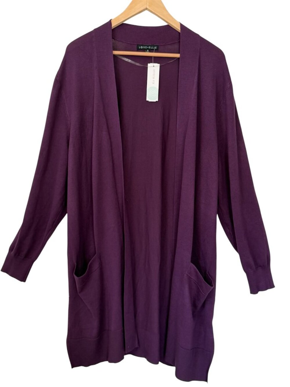 Love Ellie Ailisa Open Front Cardigan Sweater Patch Pockets Longline Purple 2X